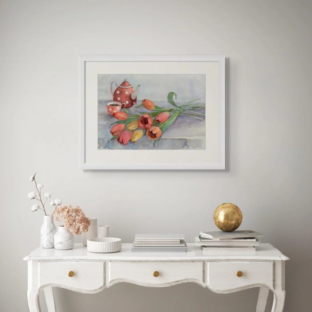 "Teatime in Spring" Original Impressionist Flower Still Life Watercolor on Paper Painting Art by Anna Novick, Framed For Sale - Image 4 of 6