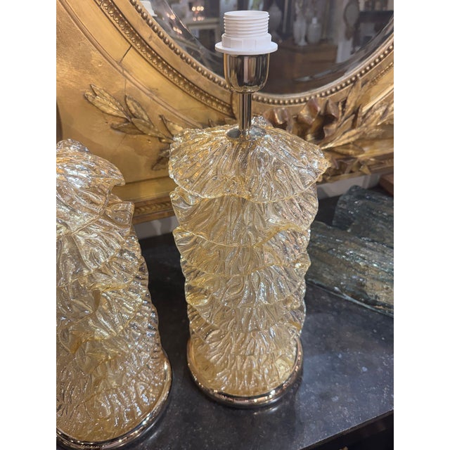 Pair of Murano Gold Glass Ruffle Lamps For Sale - Image 4 of 5