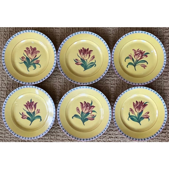 Antique 19th Century Paris Porcelain Tulip Plates With Canary Yellow Ground - Set of 6 For Sale - Image 9 of 18