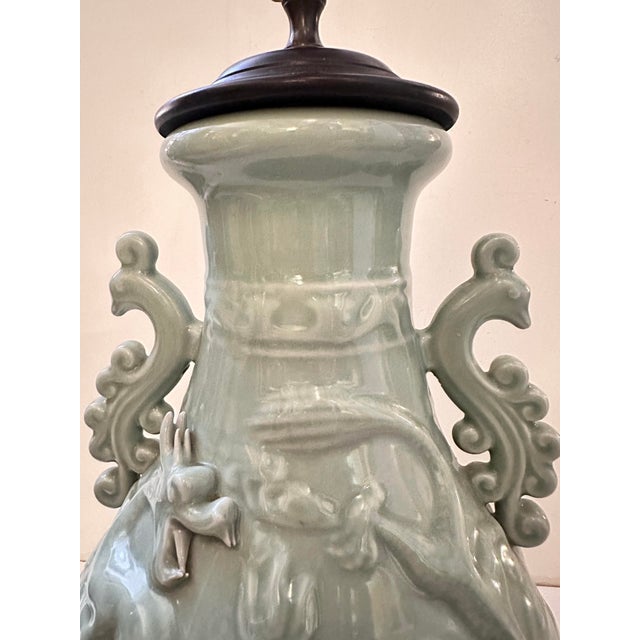Vintage Celadon Table Lamp With Dragon and Bird Motifs For Sale - Image 4 of 11