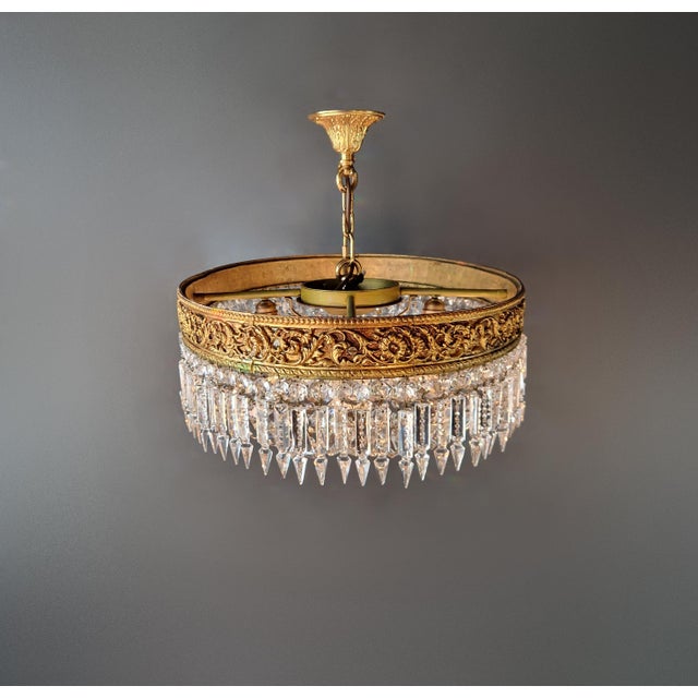 Antique Oval Flush Mount Chandelier Brass Crystal Ceiling Light Restored Gold For Sale - Image 10 of 10