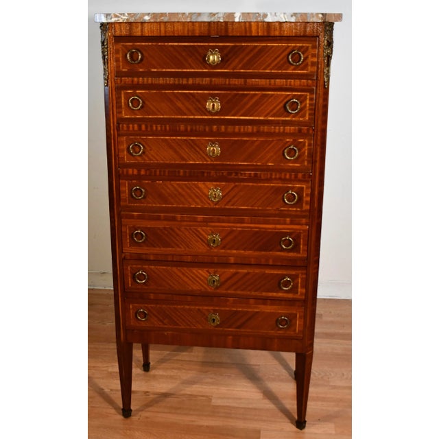 1880 Antique French Louis XVI Walnut Marble Top Ladies Lingerie Chest of Drawers For Sale - Image 13 of 13