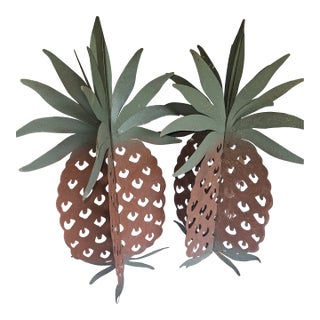 Folk Art Large Cut Metal Painted Tole Pineapples - A Pair For Sale