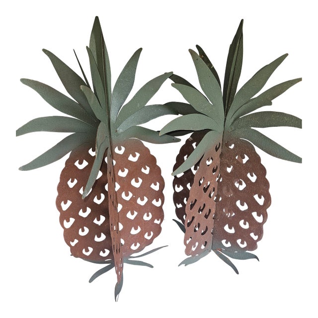Folk Art Large Cut Metal Painted Tole Pineapples - A Pair For Sale