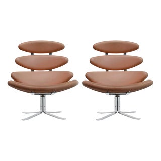 EJ5 Corona Lounge Chairs in Steel and Cognac Leather by Poul M. Volther for Erik Jørgensen, 1960s, Set of 2 For Sale