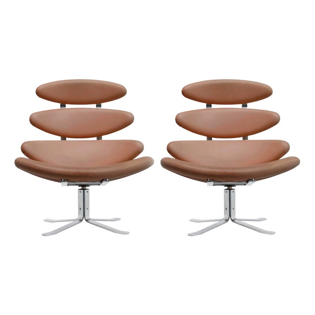 EJ5 Corona Lounge Chairs in Steel and Cognac Leather by Poul M. Volther for Erik Jørgensen, 1960s, Set of 2 For Sale