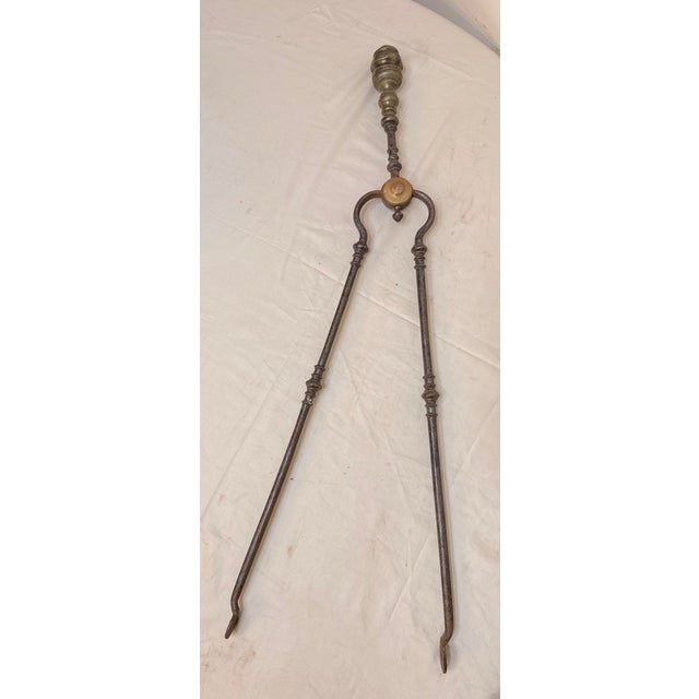 Antique 18th Century Wrought Iron Turned Brass English Fireplace Tongs Tool 27 For Sale - Image 10 of 11