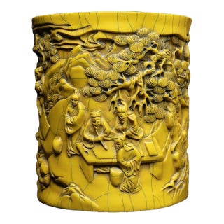 Vintage Chinese Faux Ivory "Scholars Gathering" Carved Brush Pot - 1750g For Sale
