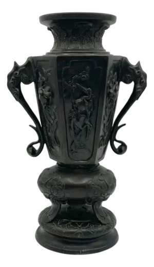 Antique Japanese Meiji Bronze Urn with High-Relief Bird Panels from Befos