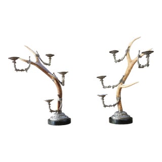 Vintage Pair of Real Antler Candle Holders For Sale