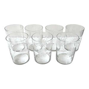 Floral Etched Glass Tumblers – Vintage Juice Glasses Set of 7, Mid Century Drinkware
