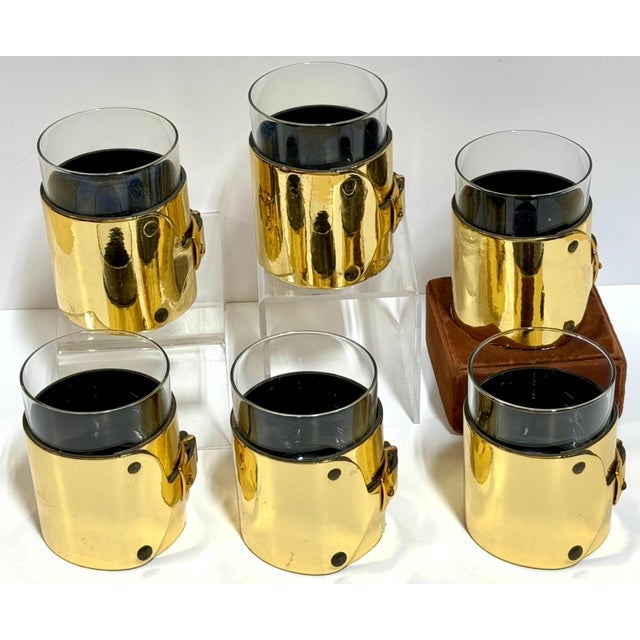Late 20th Century 6 Italian Gold-Plated Leather Horsebit Old Fashioned Glasses, Style of Gucci For Sale - Image 4 of 14