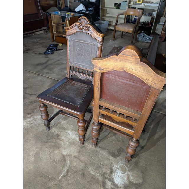 Animal Skin Pair of Early 20th Century Jacobean / Henry II Revival Tooled Leather Dining Side Chairs For Sale - Image 7 of 9