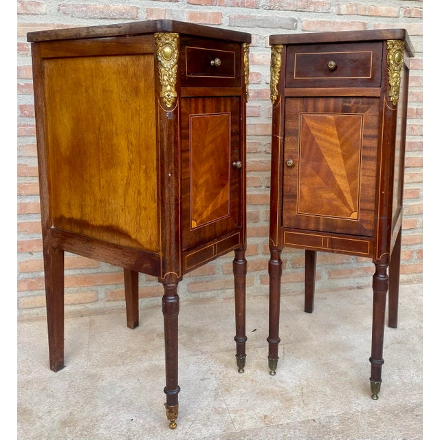 Wood 1940s Pair of French Empire Style Wood Nightstands With Inlay and Bronze Mounts For Sale - Image 7 of 11