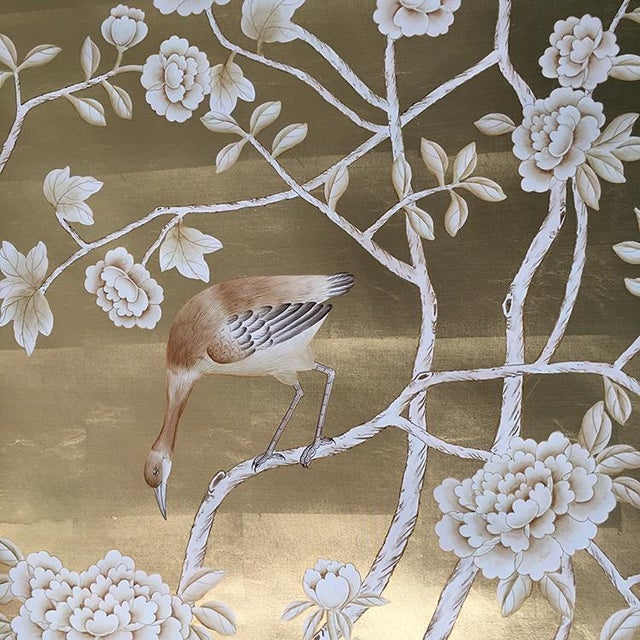 Silver Leaf Chinoiserie Hand-Painted Pale Blue Peony & Bird Wall Panels (Set of 5) For Sale - Image 13 of 15