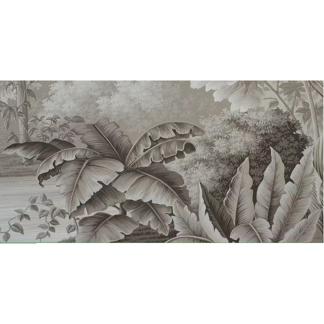 Not Yet Made - Made To Order 36" * H108" *6ps, Hand-Painted Retro Grey Tone Palm Rainforest Wall Mural, Low-Saturation Misty Tropical Plant Wall Covering For Sale - Image 5 of 9