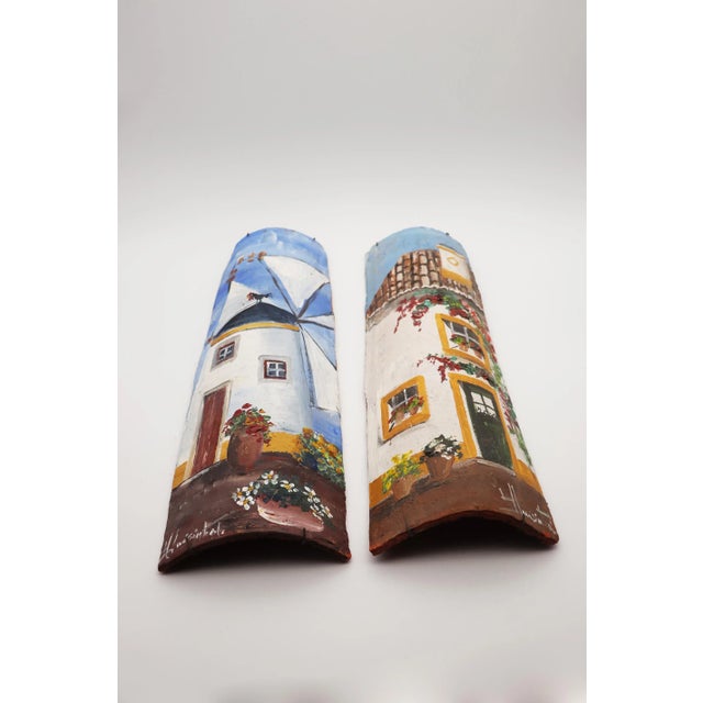Rustic 1950s Set of Two Rustic Painted Roof Tiles Depicting a Windmill and a House, Portuguese For Sale - Image 3 of 12