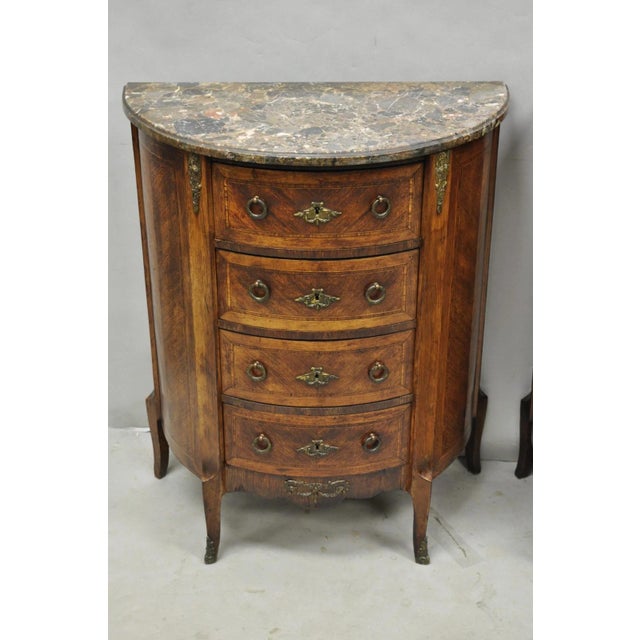 Antique French Louis XV Style Demilune Marble Top 4 Drawer Nightstand Table Pair For Sale - Image 4 of 18