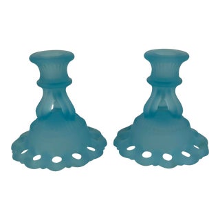 1940s Depression Era Pressed Indiana Glass Turquoise Candle Holders - a Pair. For Sale