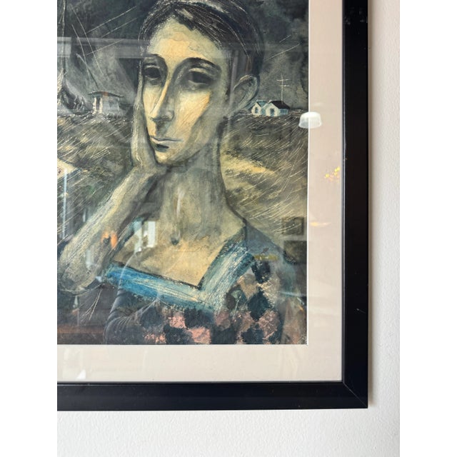 Blue Vintage Expressionist Watercolor Portrait Painting of a Woman by K. Urdi For Sale - Image 8 of 11