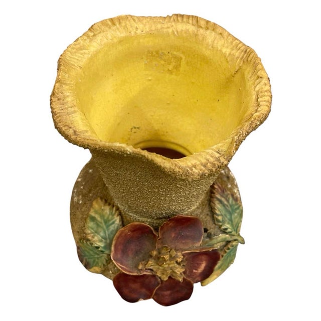 Vintage Italian Majolica Style Textured Ochre Pottery Vase With 3d Applied Floral Detail For Sale In West Palm - Image 6 of 12