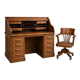 Early 20th Century 1900–1930 English Oak Roll-Top/Tambour Roll-Top Desk Edwardian Office Desk) And For Sale
