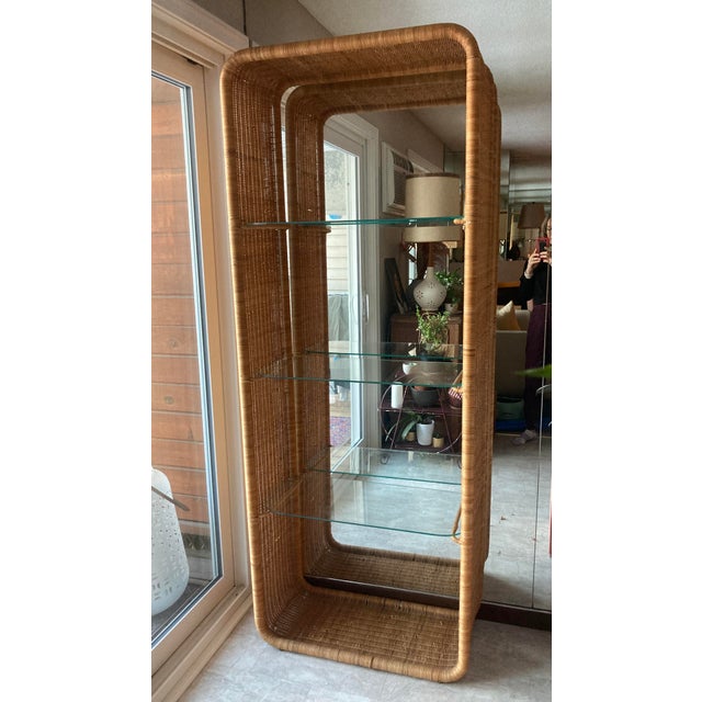 1950s Vintage Wicker Frame & Glass Shelves Etagere Designed by Louis