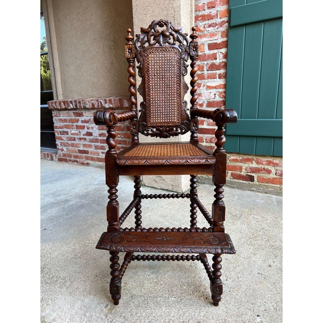Renaissance Antique French Child High Chair Renaissance Barley Twist Carved Oak Caned C1890 For Sale - Image 3 of 18