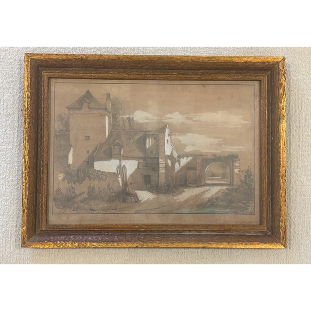 19th Century European Sepia Wash Architectural Landscape Drawing in Pencil & Chalk, Framed For Sale - Image 14 of 16