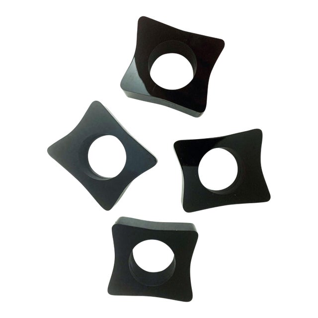 Vintage 80s Napkin Rings Chunky Black Lacquer Mod Set of 4 Four For Sale