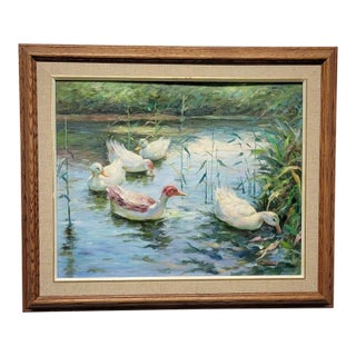 Signed J. Evans Duck Pond Oil Painting, English Country Landscape, Framed For Sale