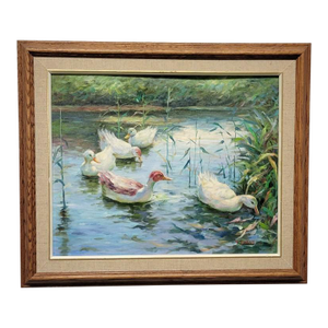 Signed J. Evans Duck Pond Oil Painting, English Country Landscape, Framed