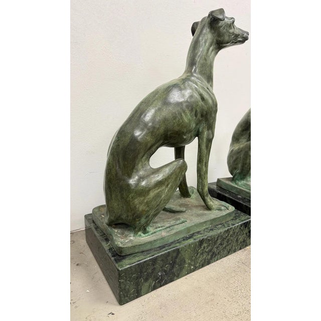 Pair of Bronze Greyhound Dog Sculptures on Marble Bases For Sale - Image 4 of 11