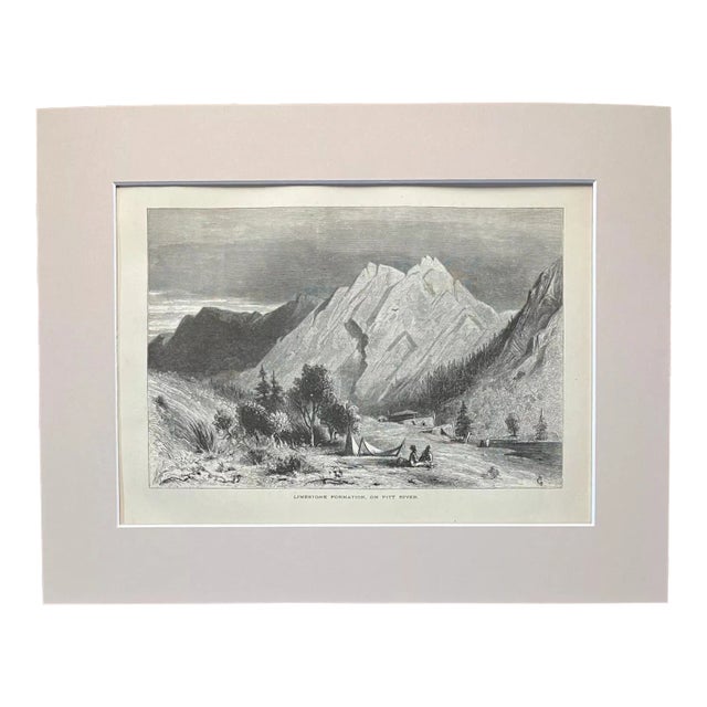 Antique 1874 Wood Engraving "Limestone Formation, On Pitt River" CA in 11x14 Mat For Sale