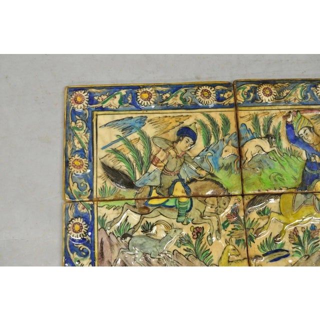 Persian Antique Persian Iznik Qajar Style Ceramic Pottery Tile Mosaic Hunt Scene C7 For Sale - Image 3 of 10