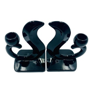 Pair of Early 20th Century Art Deco "Flame" Black Glass Candle Holders For Sale