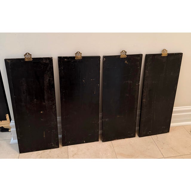 Wood Vintage Asian Chinoiserie Black Lacquer Wall Plaques Art With Mother-of-Pearl Inlay For Sale - Image 7 of 9