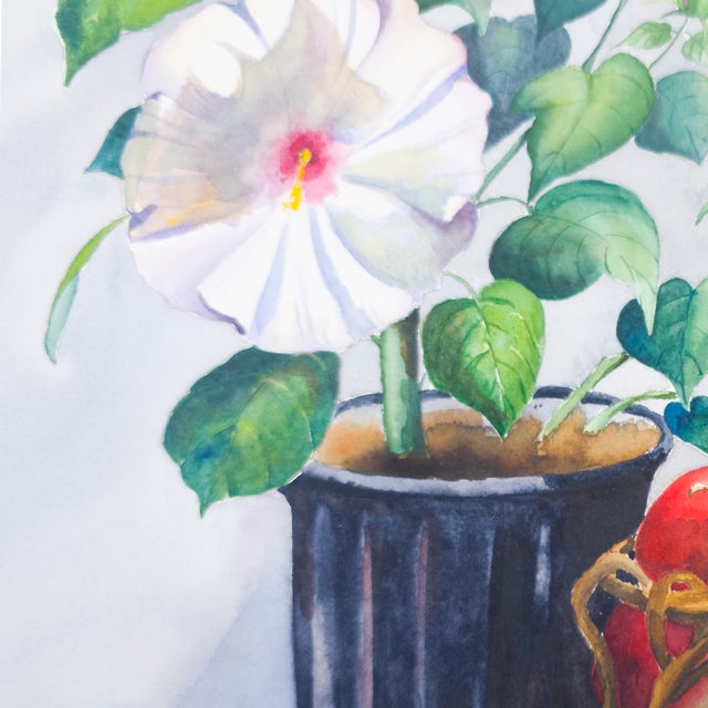 Illustration Still Life of Potted Flower and Basket of Apples - Tomoko Parry, C. 1990s For Sale - Image 3 of 10