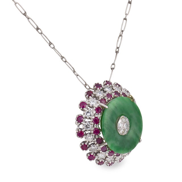 Contemporary Mid Century Diamond Ruby Jade 18k White Gold Necklace For Sale - Image 3 of 5