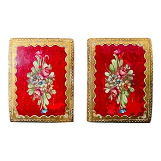 1960s Pair of Italian Florentine Hand-Painted Red Floral Bookends by G. Serraglini Firenze For Sale
