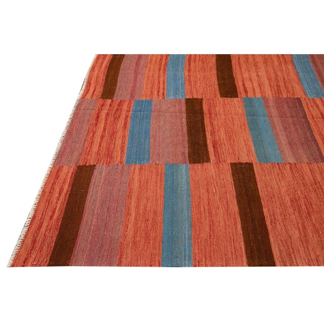 Modern Kilim Flatweave Orange Geometric Abstract Wool Rug For Sale - Image 4 of 10