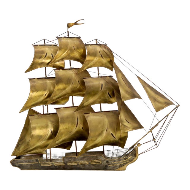 Brass or Bronze Sheet Metal Wall Art Sculpture of a Sail Boat For Sale