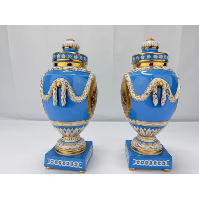 Ceramic 19th C. Kpm Porcelain Celestial Blue Ground & Grisaille Window Urns - Pair For Sale - Image 7 of 10