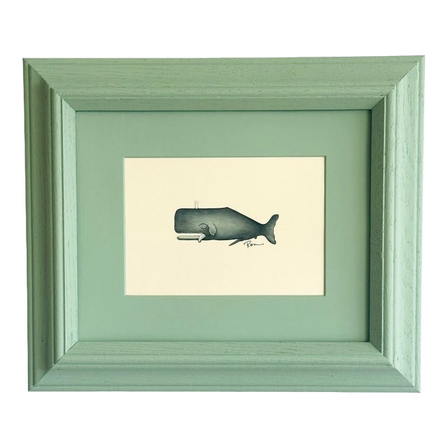 Large Original Hand-Painted Whimsical Baby Whale Painting in a Hand-Painted Frame For Sale