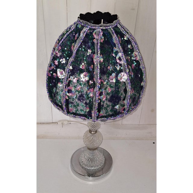 Vintage Table Lamp with Chrome-Plated Metal Base, Relief Glass Inlays, and a Sequined Shade from Lamplove, 1970s For Sale - Image 6 of 10
