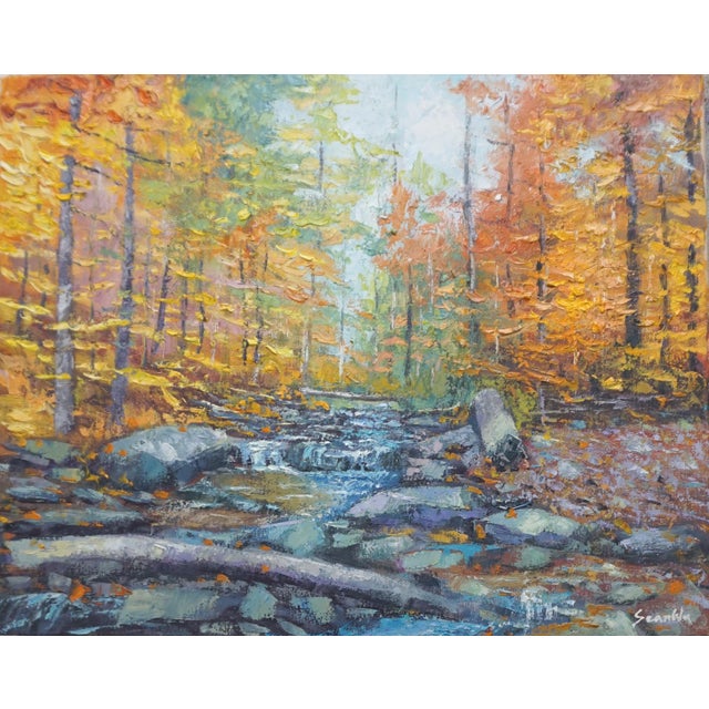 Original Oil Painting of Autumn Forest Stream For Sale