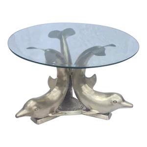 Mid Century Modern Triple Brass Dolphin Coffee Table