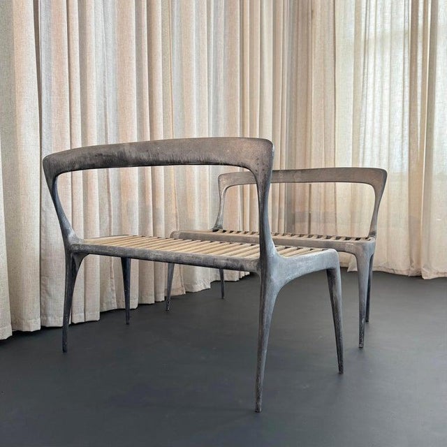 Light Gray Organic Modern Cast Aluminum and Teak Bench by John Reeves For Sale - Image 8 of 11