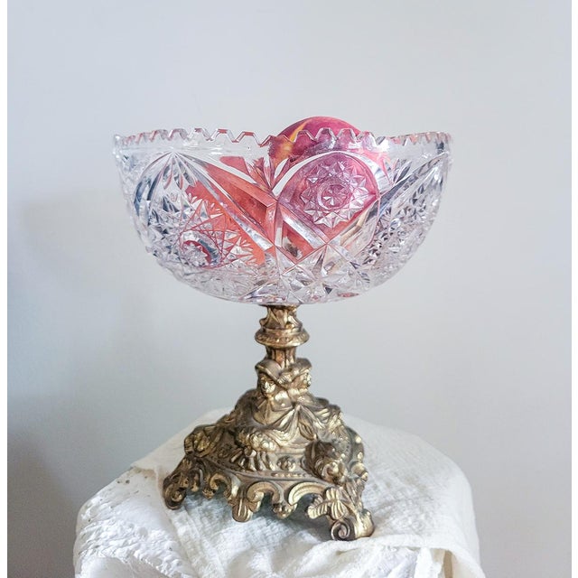 Metal Vintage Cut Crystal Compote on Ornate Gilt Pedestal | Hollywood Regency Centerpiece | Rococo Crystal Fruit Bowl For Sale - Image 7 of 8