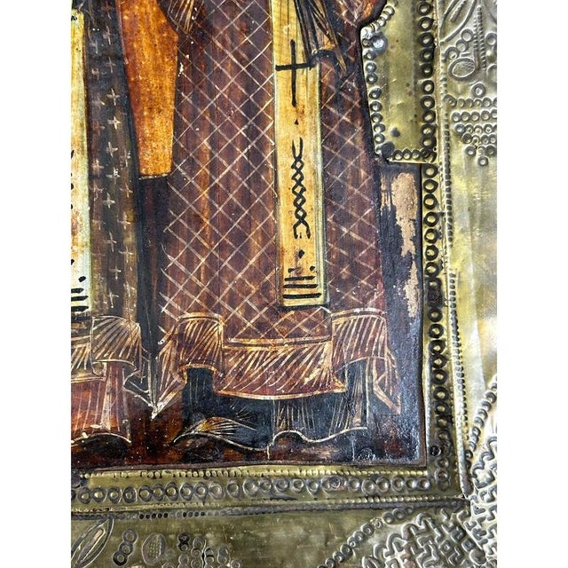 Wood Antique Orthodox Icon with 3 Saints on Gilded Tempera Wooden Board For Sale - Image 7 of 10